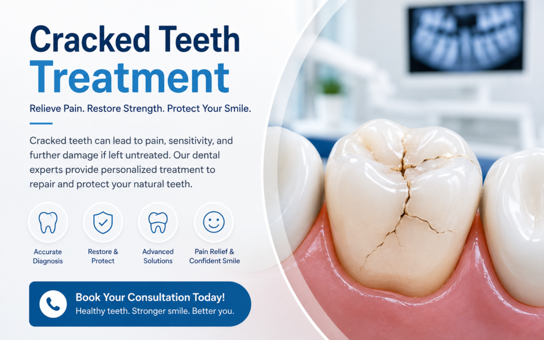Dental clinic banner advertising cracked teeth treatment, featuring a cracked molar on the right and icons for diagnosis, protection, solutions, and a smile, with a prominent call-to-action to book a consultation today.